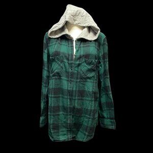 Green Plaid Flannel Button Up Hoodie